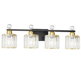 Modern Balck and Gold Crystal Bathroom Vanity Light, 4-Lights Bathroom Light Fixtures, Vanity Light Fixtures Over Mirror, Glass Wall Sconce Light for Bedroom, Kitchen, Living Room, Gallery, E26 Base