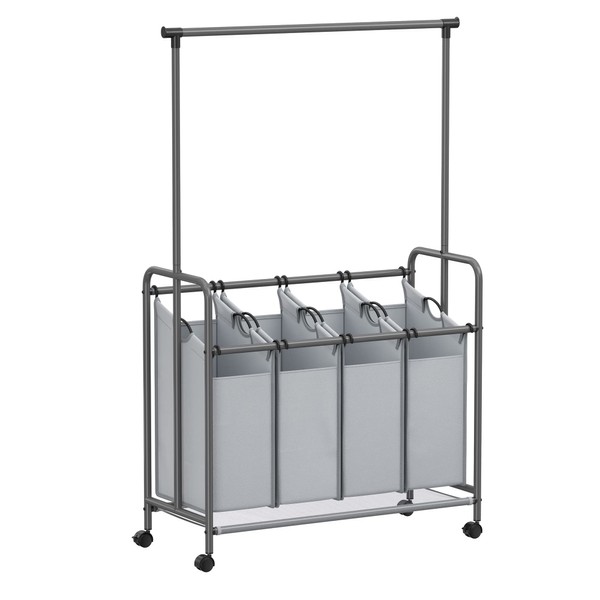 SONGMICS 4-Section Laundry Sorter, Rolling Laundry Hamper with Hanging Bar, Heavy-Duty Laundry Basket, Lockable Wheels Hampers for Laundry, 4 x 13.2 Gal., Gray URLS44GS