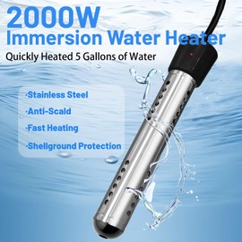 Immersion Water Heater Electric, 2000W Portable Water Heater with 304 S S Guard & LCD Thermometer, Fast Heating Bucket Heater, Ideal for Bucket Bathtub, Small Pool, Home Camping Outdoor Use
