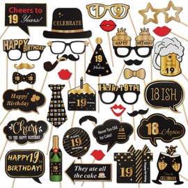 LINGTEER Happy 19th Birthday Party Photo Booth Props,Cheers to 19th Birthday Nineteen Years Old Bday Party Centerpieces Props Decorations Sign.