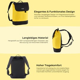 RANZN® Madrid Premium Women's Backpack with Laptop Bag, Daypack for Work and School, Robust with Strong Zippers, Black-yellow-black