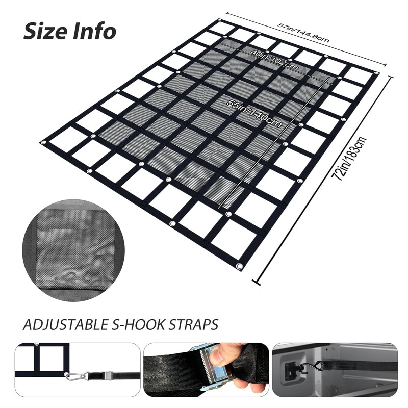 Truck Bed Cargo Net 57"x75", Heavy Duty Mesh with Adjustable