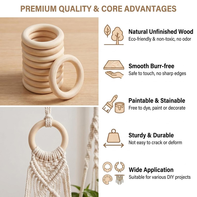 12Pcs Unfinished Wooden Rings 2.7 Inch