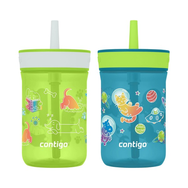 Contigo Leighton Kids Plastic Water Bottle, Spill-Proof Tumbler with Straw for Kids, Dishwasher Safe, 14oz 2-Pack, Lime/Dogs & Juniper/Space