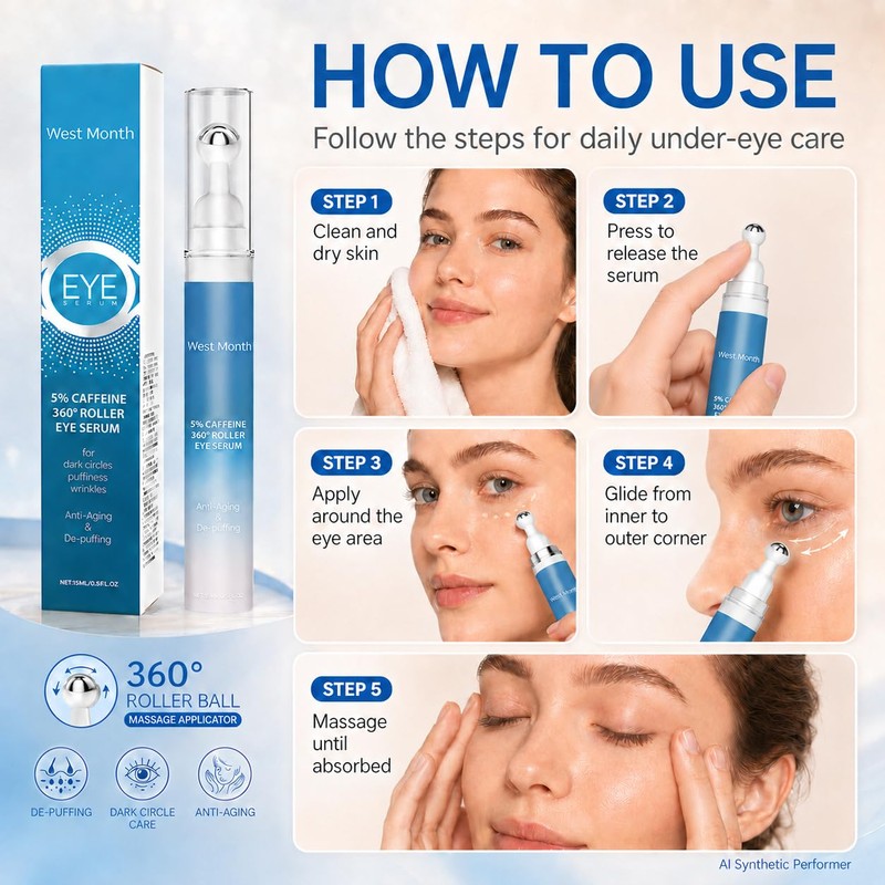 Caffeine Eye Serum with 360° Cooling Roller, Under Eye Serum