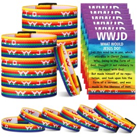 Cunno 24 Sets/ 48 Pcs WWJD Bracelets with Bible Verse Cards, Philippians 2: 5-7 What Would Jesus Do Woven Wristband Christian Adjustable Rainbow Wristbands Religious Gift for Vbs Church Group