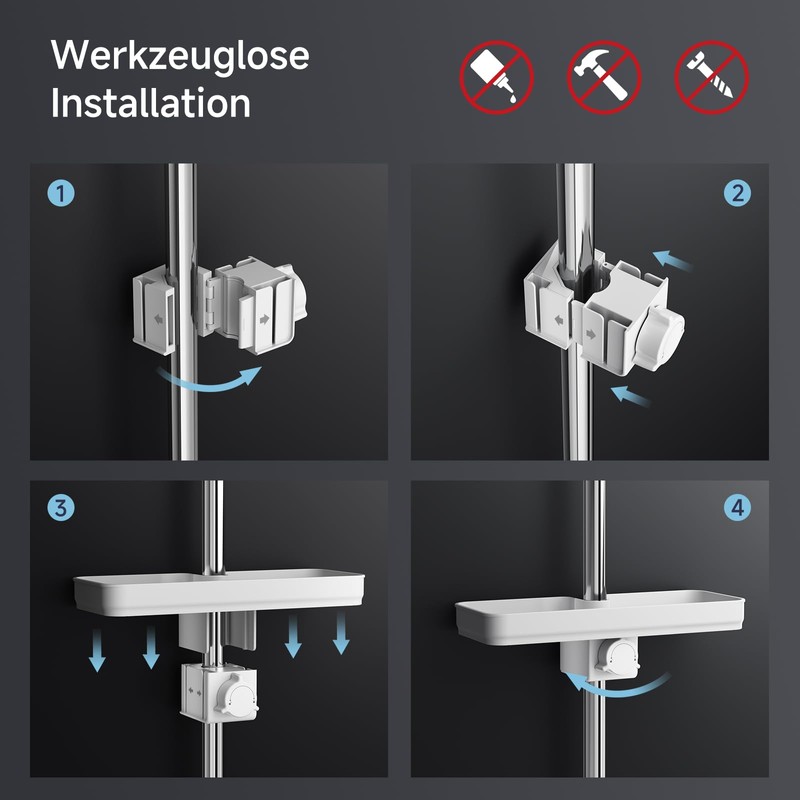 Rainsworth Shower Shelf, No Drilling, White, Tool-Free Installation, Height-Adjustable Shower
