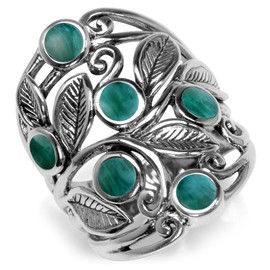 Silvershake Natural or Created Stones 925 Sterling Silver Unique Filigree Leaf Ring Right Hand Jewelry for Women, 8.5, Sterling Silver Rhodium/White Gold & Antique Finishing, created green malachite