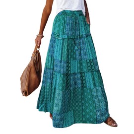 YILEEGOO Women's Bohemian Long Skirts Vintage Long Maxi Elastic High Waist A-Line Skirts Tiered Long Skirts with Pockets Beachwear Skirt (Green, L)