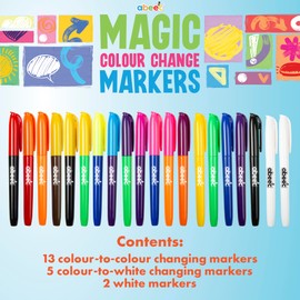 abeec Magic Colour Changing Markers | 20 Pack Colouring Pens | Kids Felt Tip Pens | Colour & White Magic Markers | Fun Drawing Set for Art & Crafts