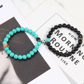 Winas Couples Matching Bracelets- Kings and Queens Bracelets Magnetic Couples Bracelets Christmas Birthday Gifts for Girlfriend Boyfriend, Medium, Natural stones Matte Agate Rose Quartz, Agate