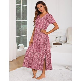 Marvmys Women Short Sleeve Nightshirts V Neck Long Nightgowns Soft Sleep Shirts with Pockets Brown Leopard L