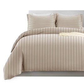 Imperial Rooms Single Duvet Cover Set Reversible Stripes Satin Bedding Set with Pillowcase Breathable Microfiber Duvet Covers (Beige 135x200 Cm)