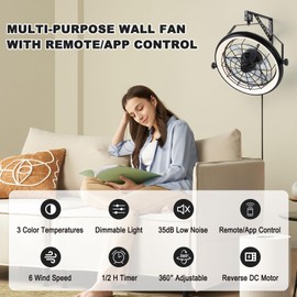 23" Wall Mount Fan with Remote App Control, Quiet 6 Speed Wall Mounted Fan with Light and Timer, 3 Color Dimmable, 360° Adjustable Tilt Plug in Ceiling Fan for Garage, Home, Greenhouse, Patio