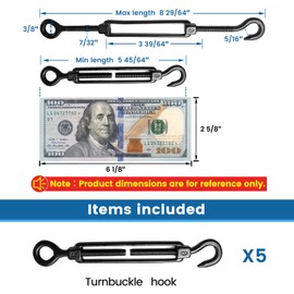 Muzata 5 Pack M6 Black Turnbuckle Hook and Eye Turnbuckles for Cable Wire Stainless Steel Cable Tensioner Kit Heavy Duty Wire Rope Hardware for String Light Hanging Tension CN11