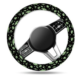 ASJHFDIR Car Steering Wheel Cover, Universal 15 Inch Non-Slip Breathable Neoprene Elastic Steering Wheel Protector, Cute Car Accessories for Women Men Fit Auto, Suvs Cute Green Aliens
