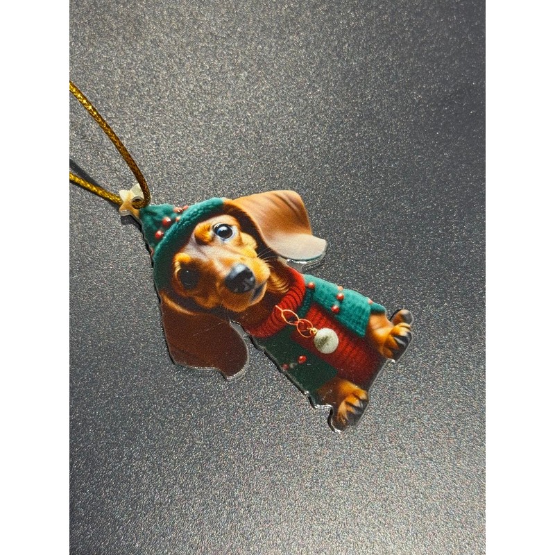 Dog with Green Hat and Red Sweater Christmas Ornament (Style