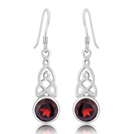 DTPSilver - Women's Hook Earrings 925 Sterling Silver - Celtic Trinity Knot - Celtic Collection - Various Natural Gemstones Available, Sterling Silver, Garnet