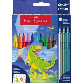 Faber-Castell 554214 - Cardboard Case with 13 Felt Tip Pens - 10 Classic Colours + 3 Metal Pens - Dinosaur Edition
