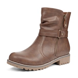 VJH confort Women's Mid Calf Boots, Slouchy Buckle Straps Side Zipper Comfy Low Heel Closed Toe Booties(Brown,9.5)