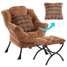 YOTATING Lazy Chair with Ottoman, Comfy Reading Chair with Footstool & Throw Pillow Modern Lounge Accent Chair with Armrests & Side Pocket for Living Room, Bedroom, Dorm Room, Office, Plush Brown