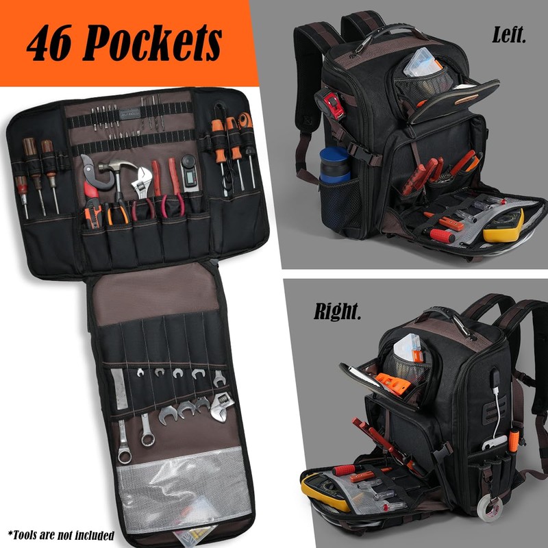 WELKINLAND 46-Pockets Electrician Backpack, Full-Open Tool Backpacks, Heavy Duty Tools