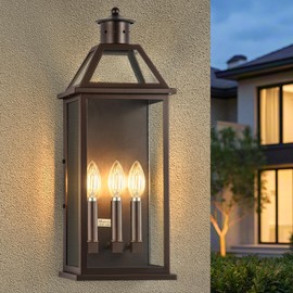 DASTOR Outdoor Wall Lantern 3-Light, 21" Large Porch Light Outdoor, Brown Exterior Lighting Fixtures with Glass, Waterproof Outside Lights for House Porch Garage
