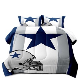 LUVIVIHOME 3PCS American Football Comforter Set, Queen Comforter Set for Men, White Navy Blue Striped Bedding Quilt Sports Bedroom Decor for Teen Boys Husband Boyfriend, Man Cave Decor, 2 Pillow Shams