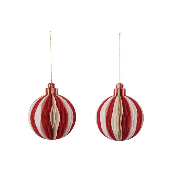 Creative Co-Op Glittering Honeycomb Paper Ornament, Red and Cream