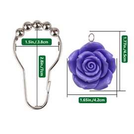 Rose Shower Curtain Hooks Rust Proof Fashion Floral Decor Bathroom Rings, Resin Rose Flower Curtain Hooks, Set of 12 (Purple)