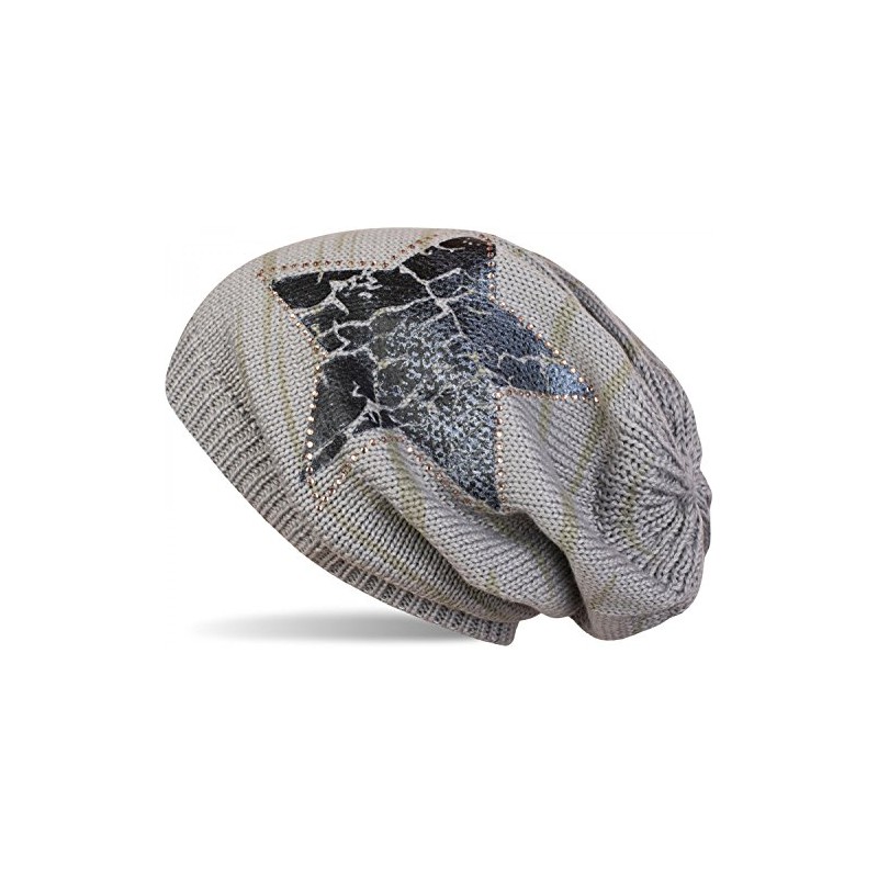 styleBREAKER Knitted Beanie Hat with Vintage Star Print and Rhinestone