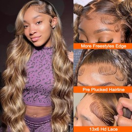 IHEREIN 13x6 Honey Blonde Highlight Wig Human Hair Ombre Lace Front Wig P4/27 Body Wave Highlight Lace Front Wig Glueless Pre Plucked Bleached Knots Hd Lace Frontal Wigs Colored 26 Inch 180% Density