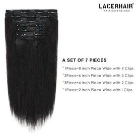 Lacer Yaki Straight Clip in Hair Extensions, Jet Black Yaki Human Hair Clip ins 20 inch 7 Pieces Per Set 120 Gram For Black Women with Relaxed Hair