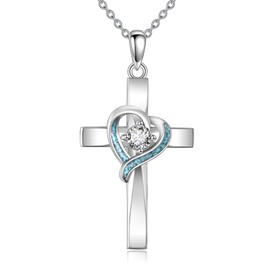 HKPATOP Cross Necklace Sterling Silver Turquoise Birthstone Cross Pendant Necklace Religious Jewelry Gifts For Women Men
