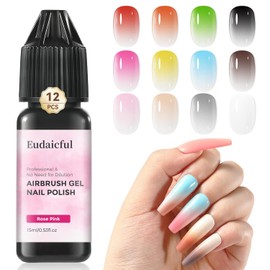 Eudaicful Airbrush Gel Nail Polish: 12 Colors High Pigmented Airbrush Nail Paint Gel with Fine Mist, No Dilution Needed for Gradients French Nail Art Stencils Home Salon DIY