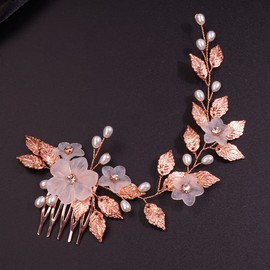 Teyglen Novia Boda Flor Peine Para El Cabello Hoja De Cristal Perla Peine Para El Cabello Nupcial Rhinestone Piezas Para El Cabello Accesorios Para El Cabello Para Mujeres Niñas Dama De Honor Oro Rosa