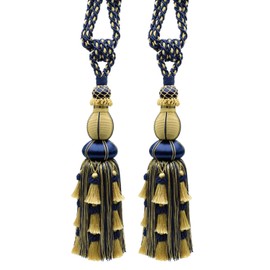 Large Elegant Curtain & Drapery Tassel Tieback, Tassel Length 12" (30.5cm), 30" Spread (76cm) # TBAX12, Nautical Gold #1152 (Light Gold, Yellow Gold, Navy Blue) Set of 2