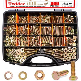 Twidec/966PCS Grade 8.8 Hex Head Bolts and Nuts Assortment Kit,Metric Bolt Assortment, M4/M5/M6/M8(12-30mm)Heavy Duty Nuts and Bolts Kit, Flat & Spring Lock Washer Gold Zinc Plating With Storage Case