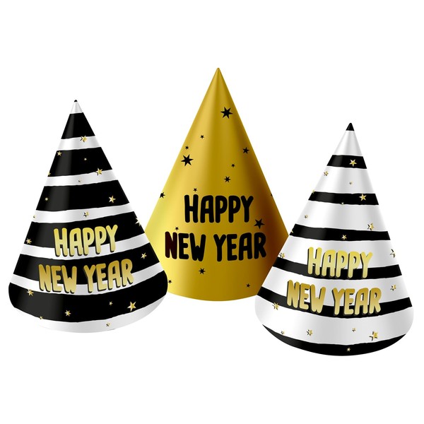 Folat 63752 Party Hat BlackGold HNY-10 cm Pack of 6 New Year's Eve Decoration, New Year's Eve Decoration, Happy New Year, Multicoloured