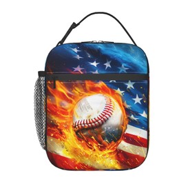 Qdoepfl Baseball American Flag Lunch Bag for Boys Girls Kids, Insulated Portable Reusable Lunch Box Tote Kit Waterproof Cooler Bag for School Picnic Office Travel Working