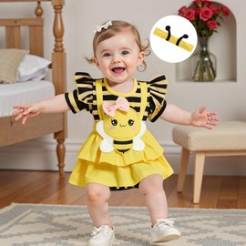 ZZLBUF Baby Girl Clothes Newborn Romper Dress Infant Cute Bee Short Sleeve Summer Outfits with Headband 0-18 Months (Yellow, 3-6 Months)