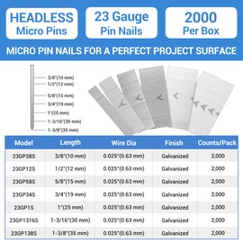 meite 23 Gauge Pin Nails, 3/8 Inch Micro Headless Pins - Galvanized 23GA Pins Nails for Nail Gun, Ideal for Fine Woodworking and Trim Work (2,000 Counts)