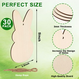 30Pcs 3.5" Wooden Easter Ornaments to Paint Spring Decoration Happy Easter Cutouts, DIY Blank Rabbit Bunny Ornament for Home Crafts Hanging
