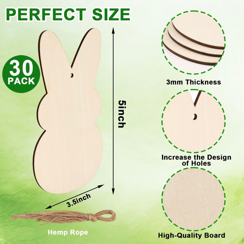 30Pcs 3.5" Wooden Easter Ornaments to Paint Spring Decoration Happy