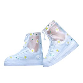 Suitcase Company GPT Waterproof Shoe Cover, Flower Pattern, Ankle Fixed Band, Short Length, Zipper Type, Transparent, Clear, Flower, Foldable, Portable, Compact, For Rain, x-large