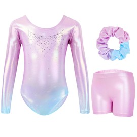 Gogokids Girls Three-Piece Gymnastics Leotards, Long Sleeve Gymnastics Set with Shorts and Hairband, Sparkling Ballet Dancing Unitards - Gymnastics Outfit with Gradient Color Design for 11-12 Years