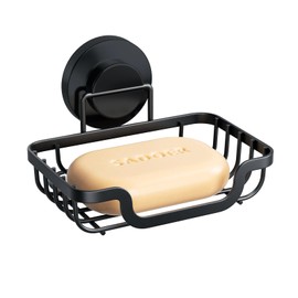 LEVERLOC Soap Dish, Soap Bar Holder for Shower Suction Cup Wall Mounted, Stainless Steel No-Drilling Removable Waterproof Sponge Holder for Bathroom Bathtub Kitchen Sink, Keep Soap Dry, Black