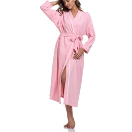 COLORFULLEAF Women's 100% Cotton Robes Lightweight Long Bathrobe Kimono Robe for Women Soft Loungewear with Pockets (Pink,L)