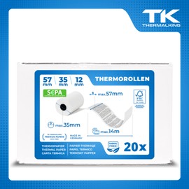 Premium EC Cash Thermal Rolls with SEPA Direct Debit Text | W: 57 mm - Diameter: 35 - Core Diameter: 12 mm - L: 14 m for Receipt Printer, Cash Printer, Desktop Calculator, Bluetooth Printer (20 Rolls)