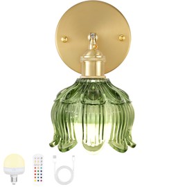 FFVU Vintage Battery Wall Sconce with Flower lampshade,Rechargeable Battery Powered Wall Lights,Wall lamp with 15 Colors for Bedroom Living Room Home Decor (Flower Blue, 1 Light Battery Operated)